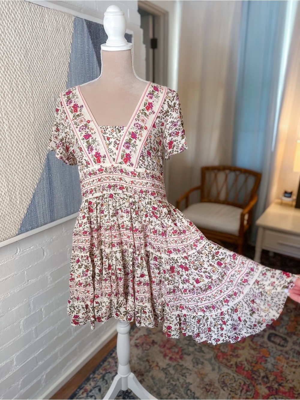 Patrons of Peace Cream and Burgundy Floral Tiered Dress